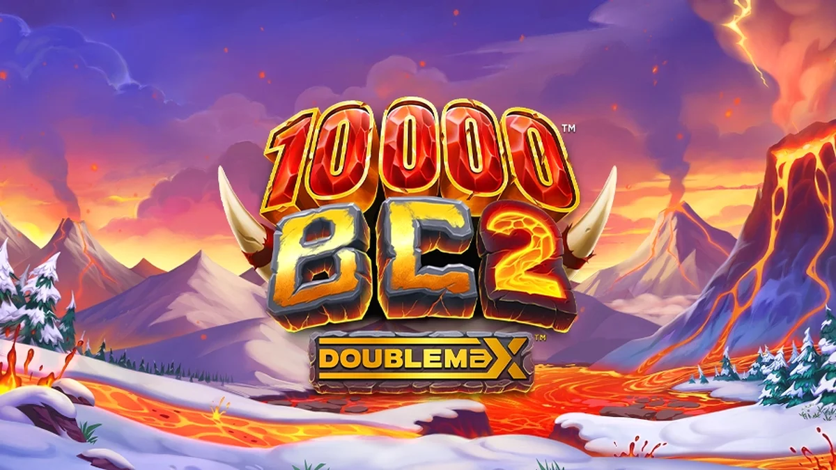 10000 BC DoubleMax 2 স্লট গেমের একটি দৃশ্য যেখানে বরফ যুগ এবং আগ্নেয়গিরির থিম ফুটে উঠেছে।