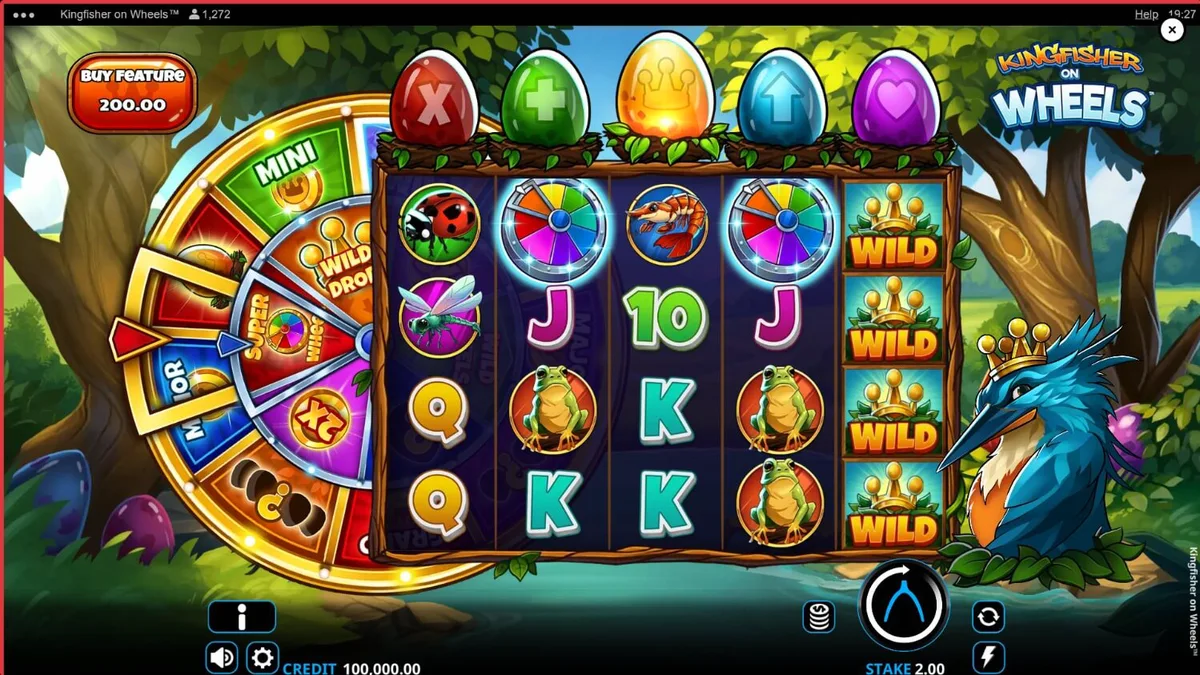 Kingfisher on Wheels slot game interface featuring a regal kingfisher bird and a golden fortune wheel.