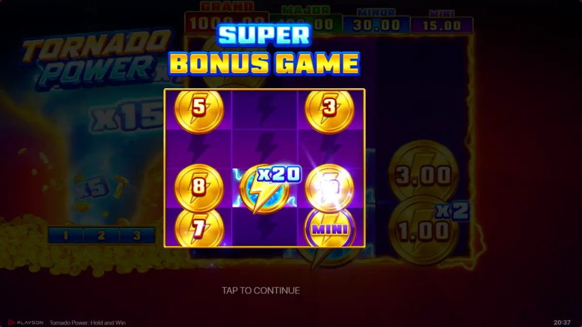 Tornado Power: Hold and Win স্লট গেমের একটি দৃশ্য যেখানে ঝড়ের আবহ এবং ফ্রুট সিম্বল দেখা যাচ্ছে।